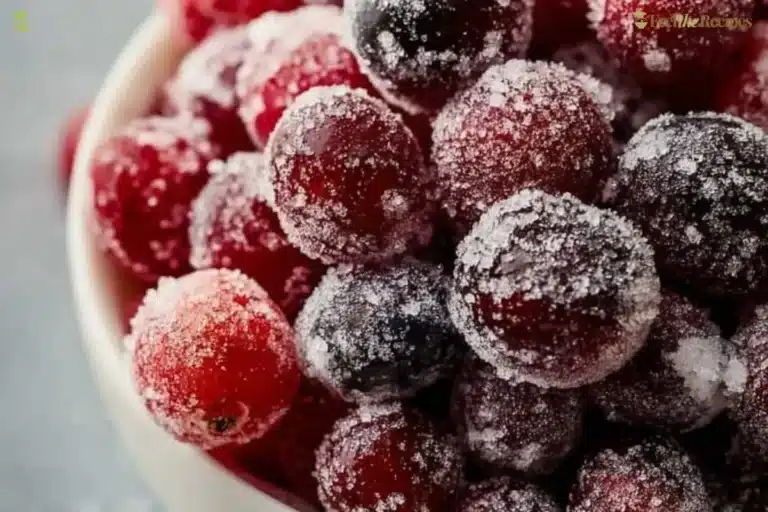 A bowl of bright red sugared cranberries ready to serve as a festive treat.