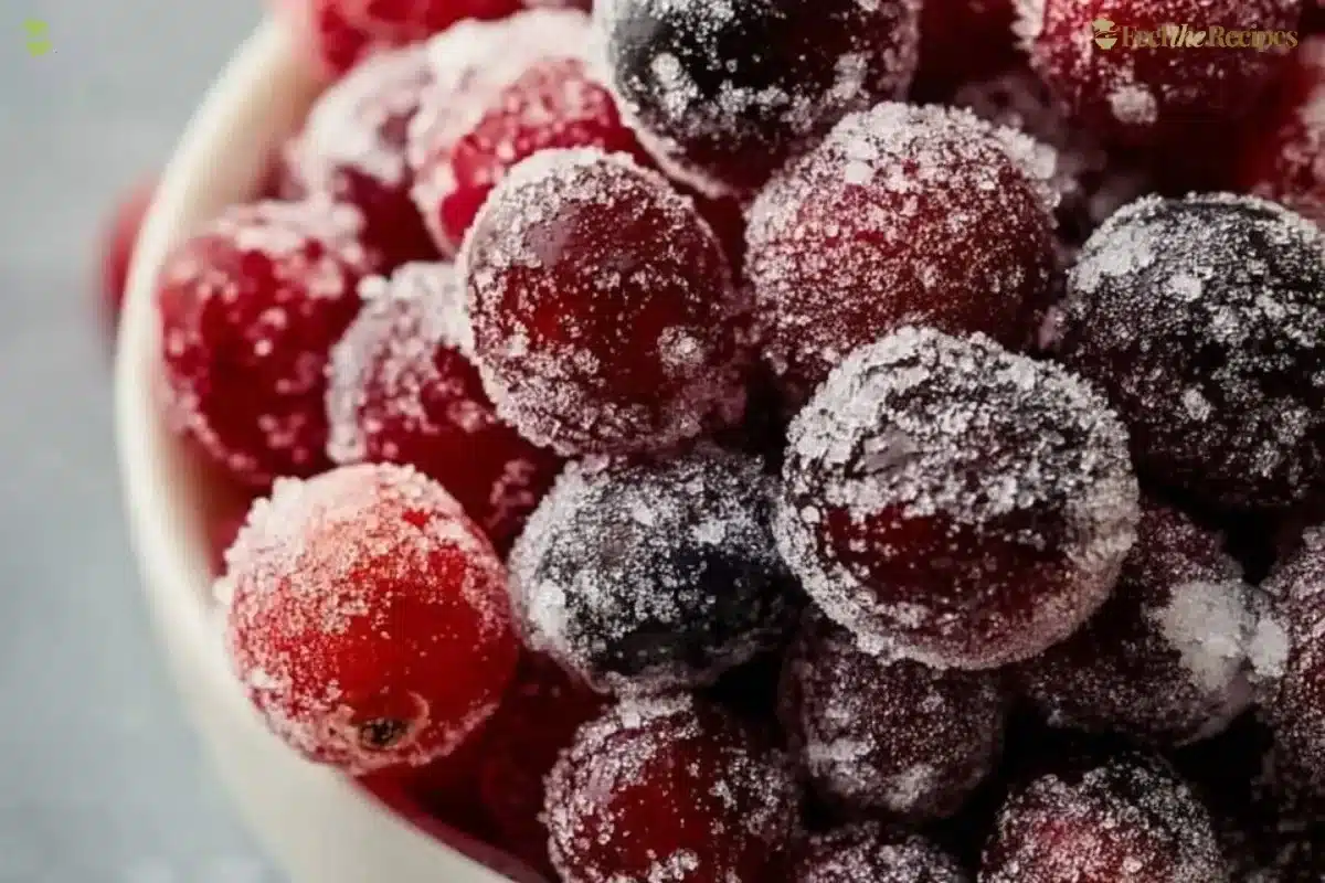 A bowl of bright red sugared cranberries ready to serve as a festive treat.