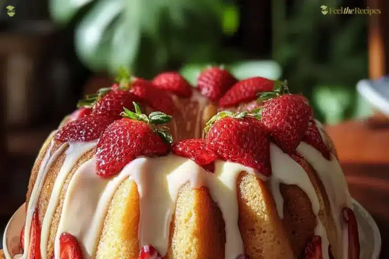 Delicious strawberry cream cheese pound cake slice on a plate