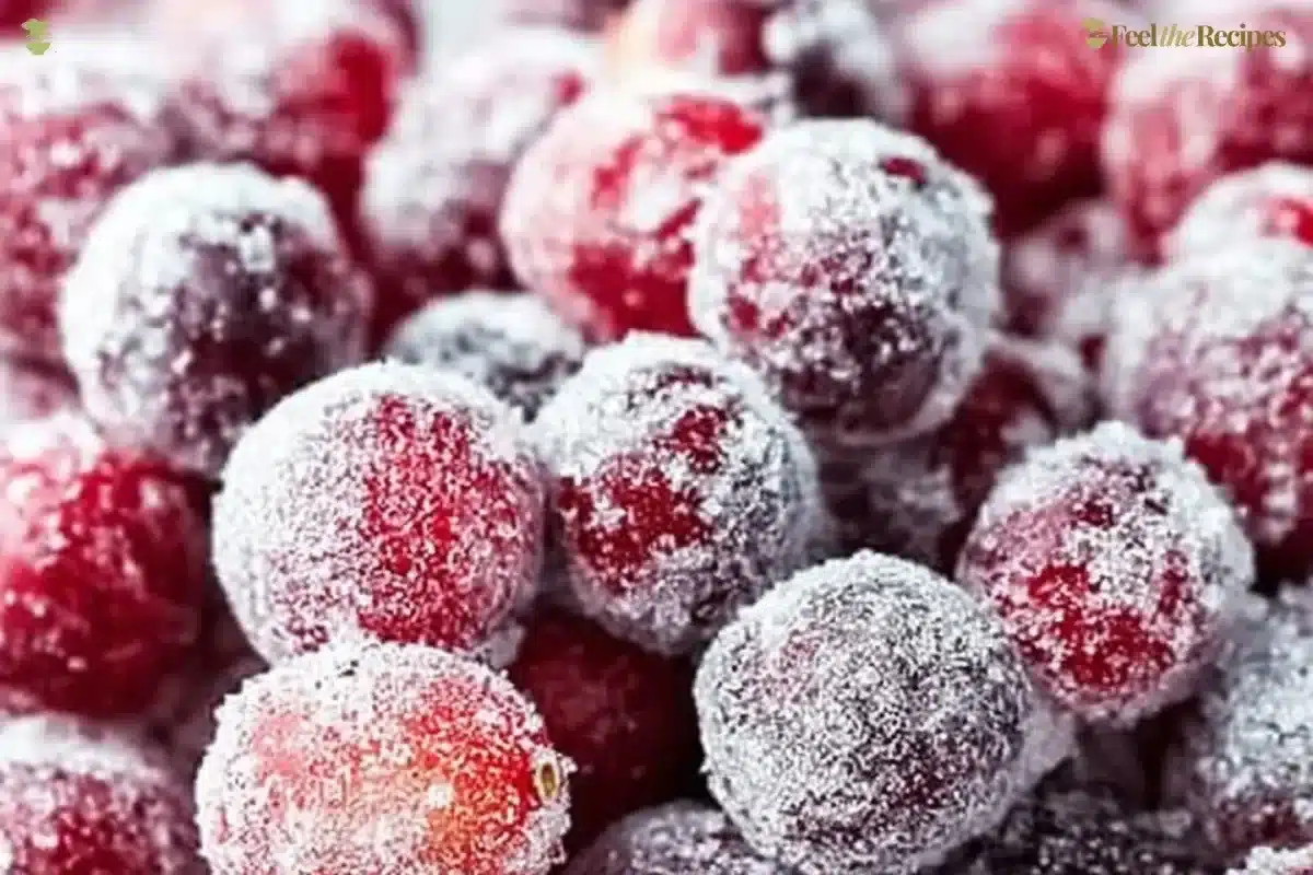 Two ingredient sugared cranberries for festive recipes and garnishes