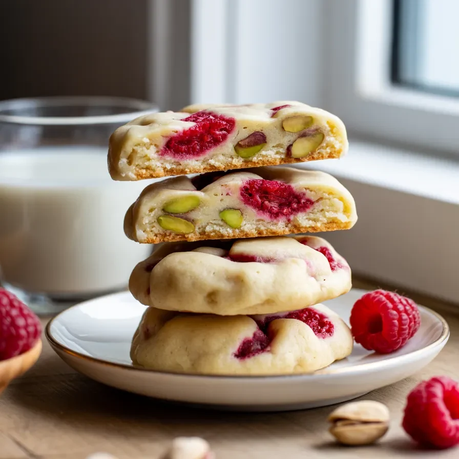 stack of raspberry white chocolate pistachio cookies