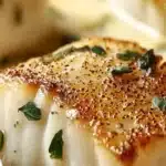Baked Cod in Coconut Lemon Cream Sauce served on a plate