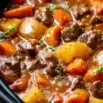 Delicious bowl of homemade beef stew with vegetables and herbs