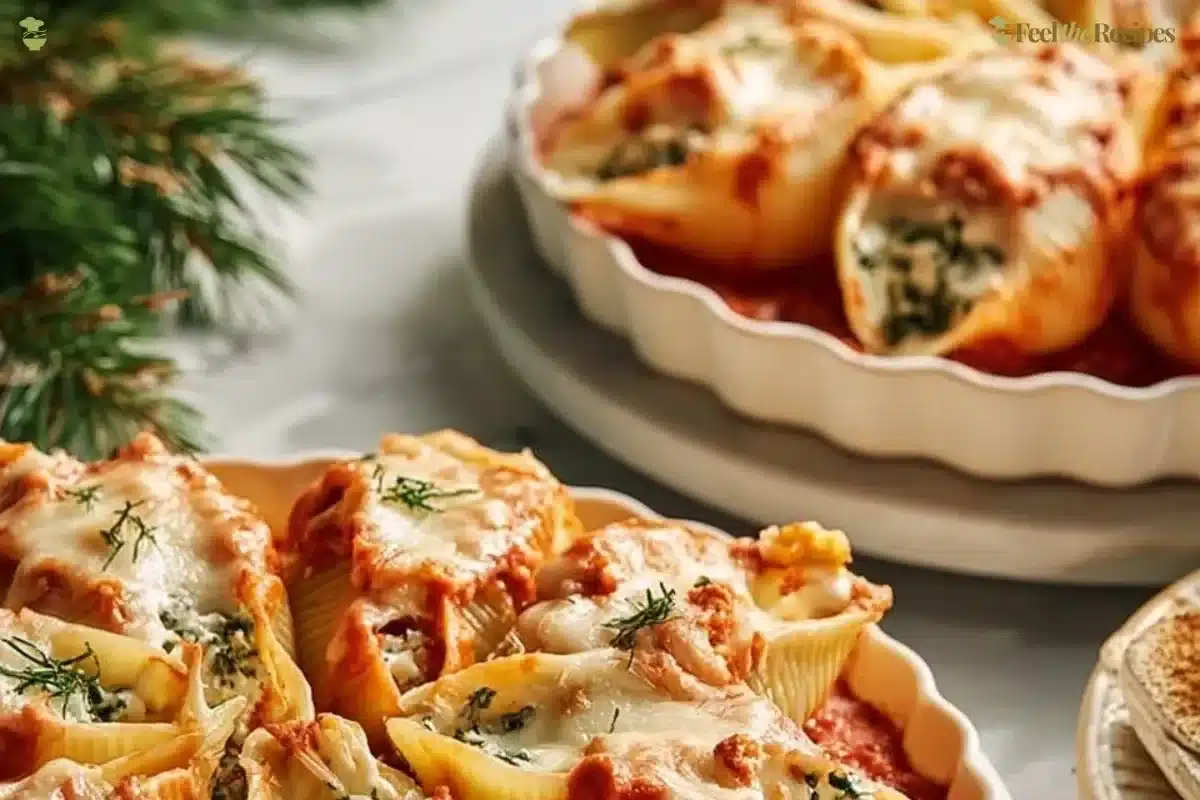 Deliciously baked Christmas Stuffed Shells topped with cheese and herbs