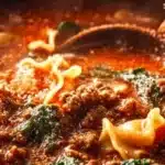 A bowl of Best Ever One-Pot Lasagna Soup garnished with herbs and cheese.