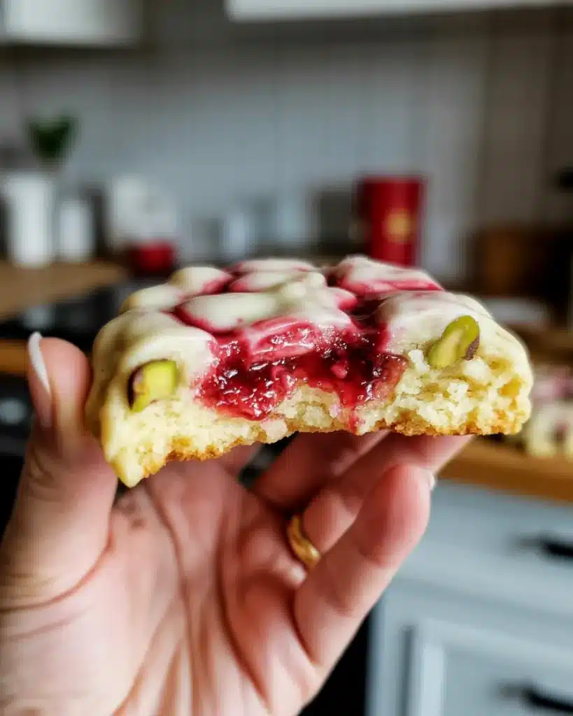 bite taken from raspberry pistachio cookie showing interior