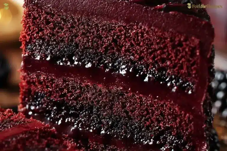 Decadent Blackberry Velvet Gothic Cake topped with fresh blackberries