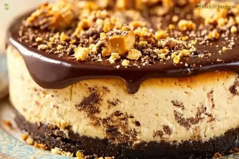 Delicious Butterfinger Cheesecake topped with crushed candy bars