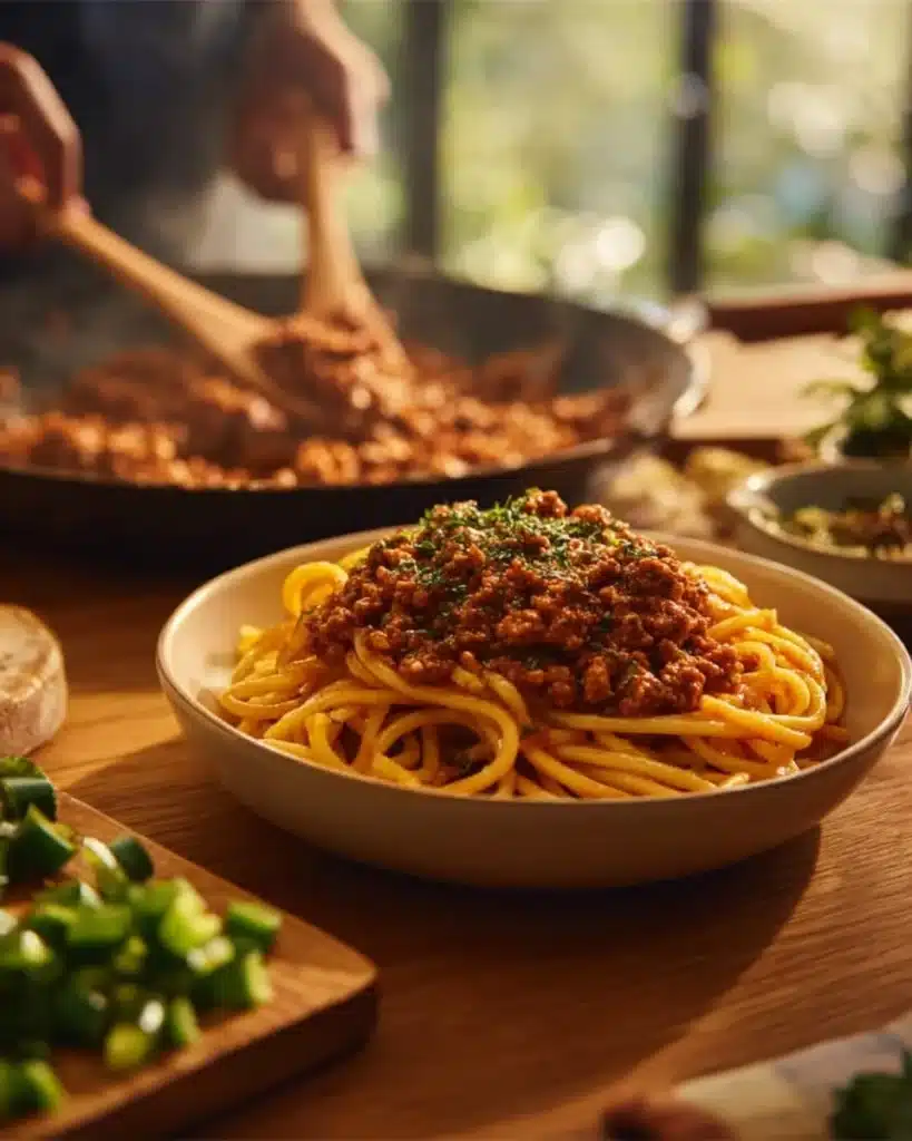 Cajun Beef Spaghetti topped with creamy three-cheese Parmesan sauce