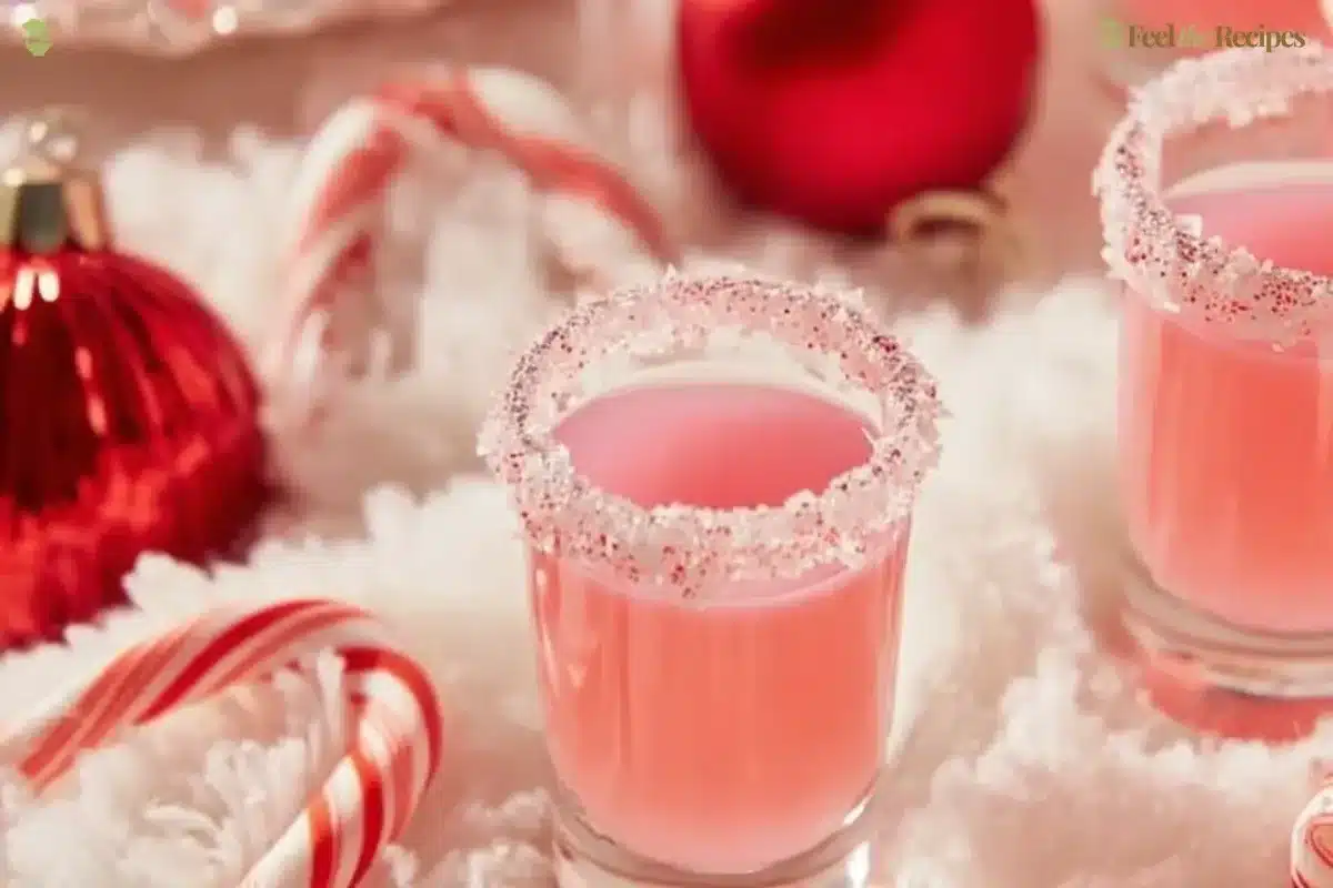 Festive candy cane shots with peppermint garnish in holiday-themed glassware