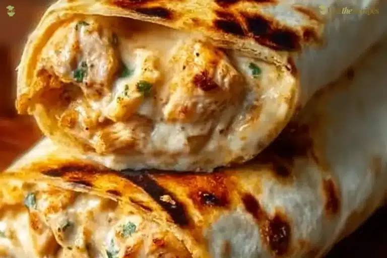 Cheesy chicken garlic wraps served on a plate, garnished with fresh herbs.