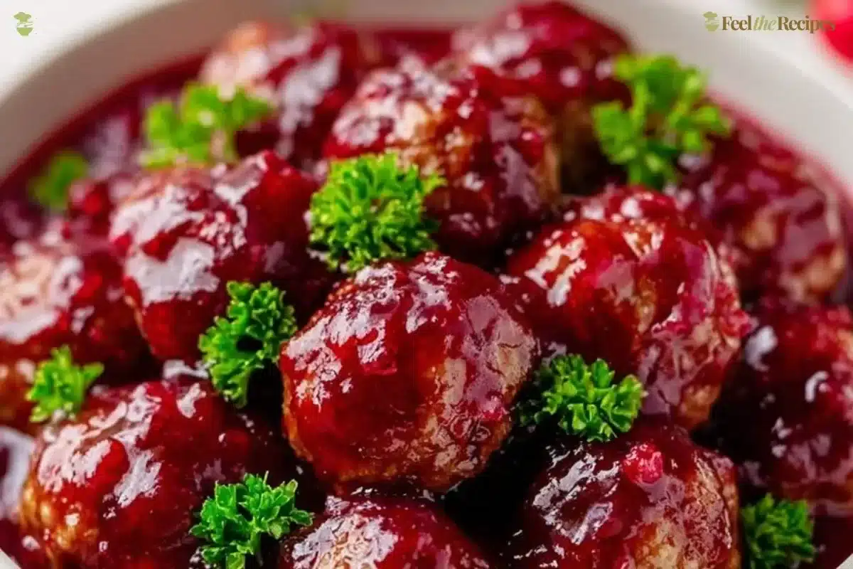 Delicious Christmas Cranberry Meatballs garnished with parsley on a festive table.