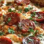 Delicious Crockpot Pierogi Casserole with Kielbasa served in a warm dish