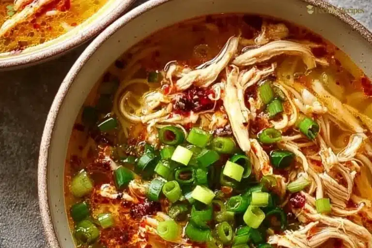Classic ginger garlic chicken noodle soup garnished with fresh herbs