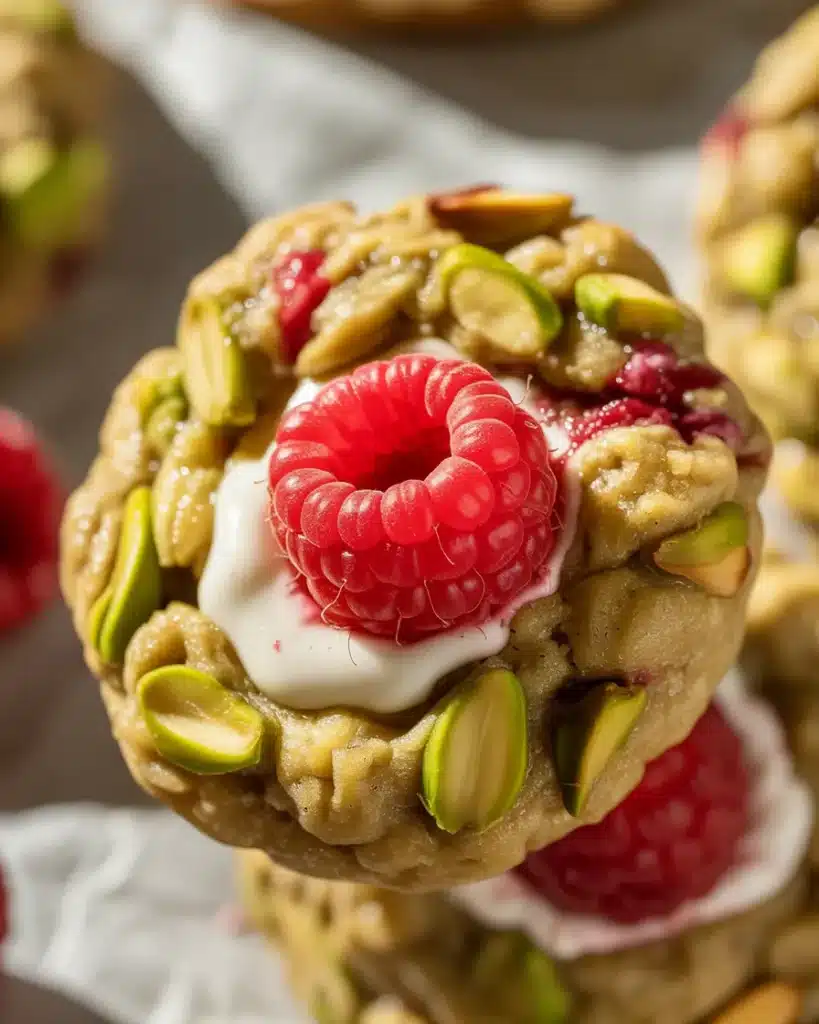 close up of raspberry pistachio cookie showing texture