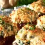 Baked crab stuffed mushrooms topped with herbs and spices