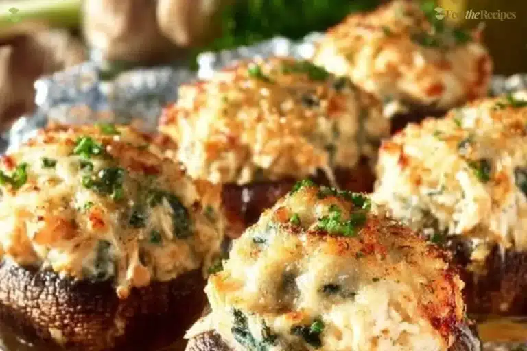 Baked crab stuffed mushrooms topped with herbs and spices