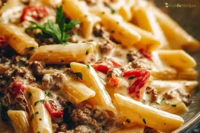 Creamy Rotel pasta dish with ground beef for cozy dinners