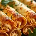 Plate of crispy chicken taquitos garnished with salsa and sour cream