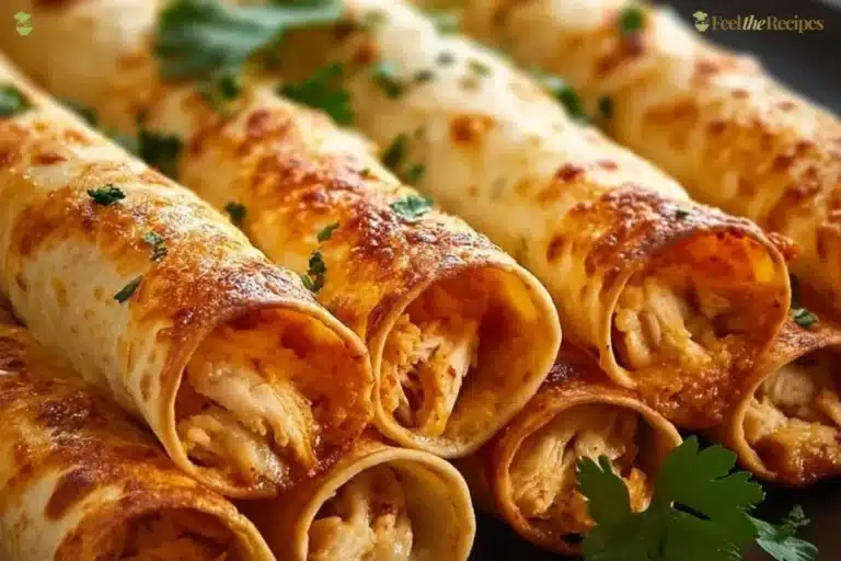 Plate of crispy chicken taquitos garnished with salsa and sour cream
