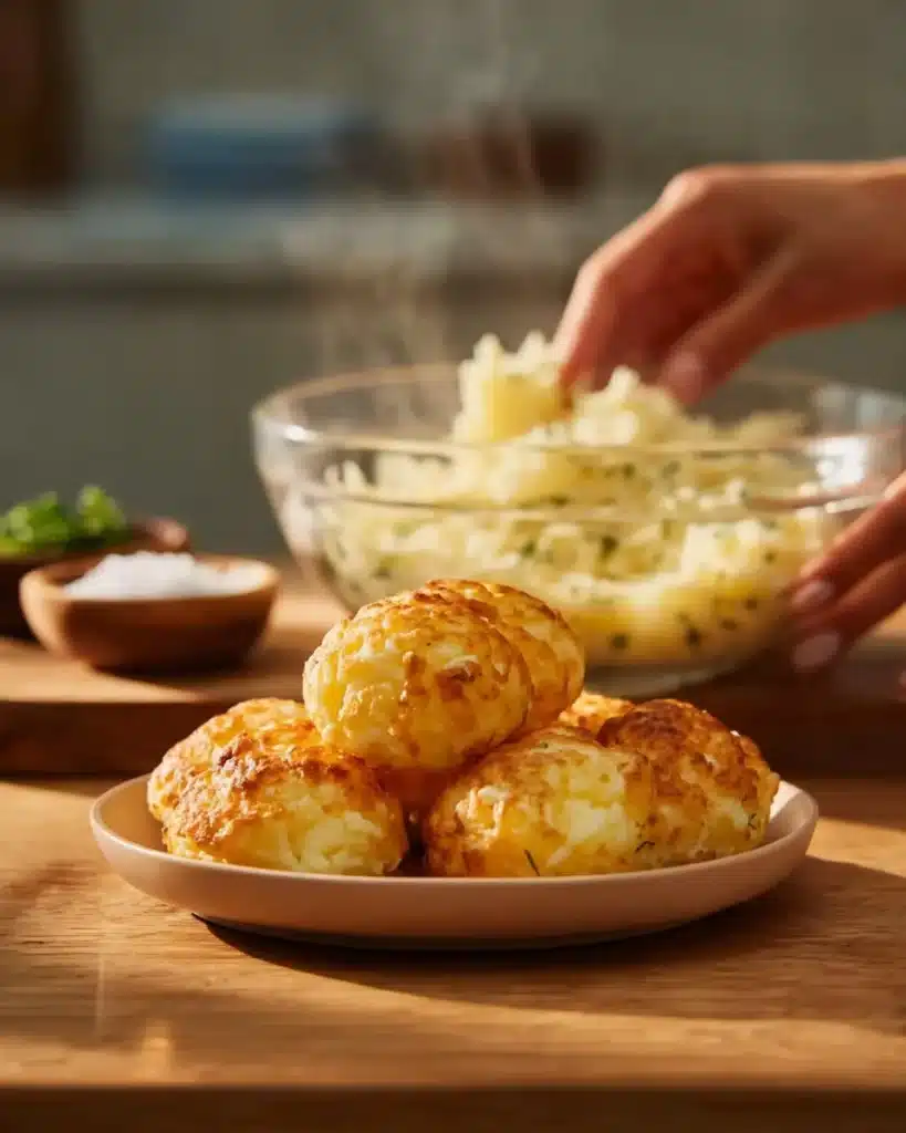 Crispy mashed potato cheese puffs on a baking tray, golden and ready to eat.