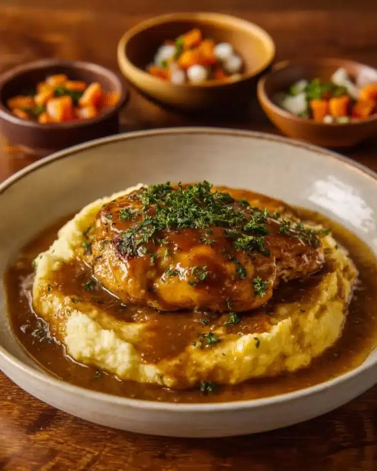 Crockpot chicken and gravy dish served with mashed potatoes