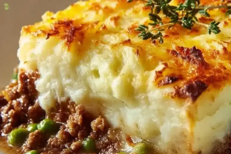 Delicious easy Shepherd's Pie casserole topped with golden mashed potatoes