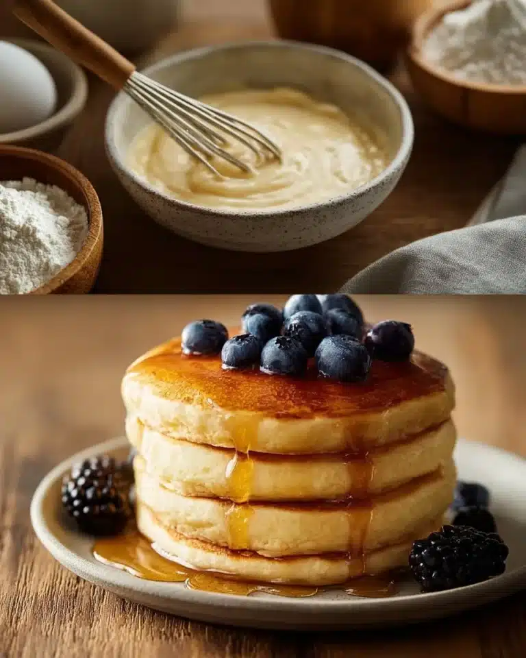 Fluffy Japanese soufflé pancakes stacked with syrup and berries