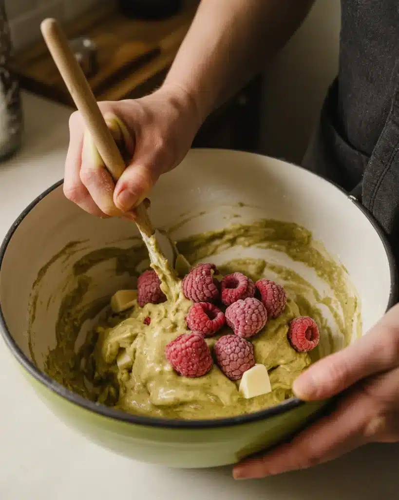 folding raspberries into cookie dough