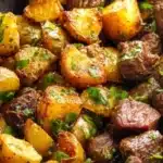 Delicious Garlic Butter Steak Bites served with seasoned potatoes