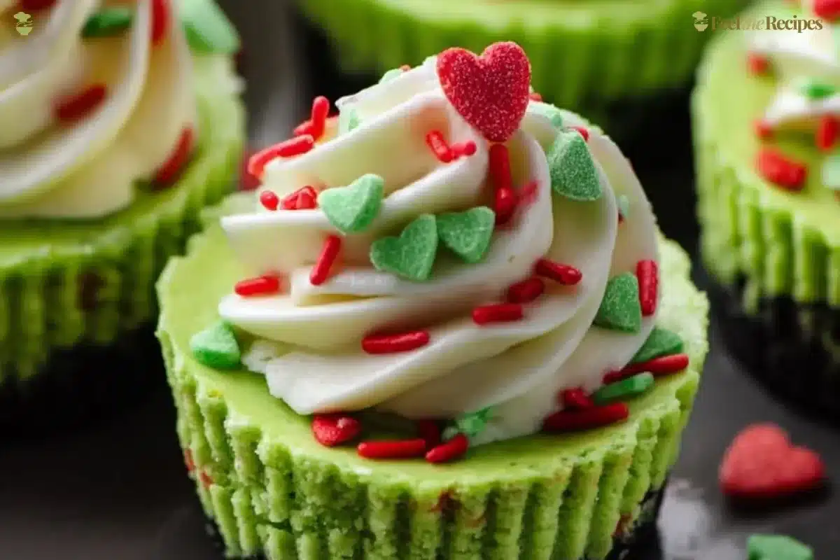 Festive Grinch mini cheesecakes decorated for the holiday season