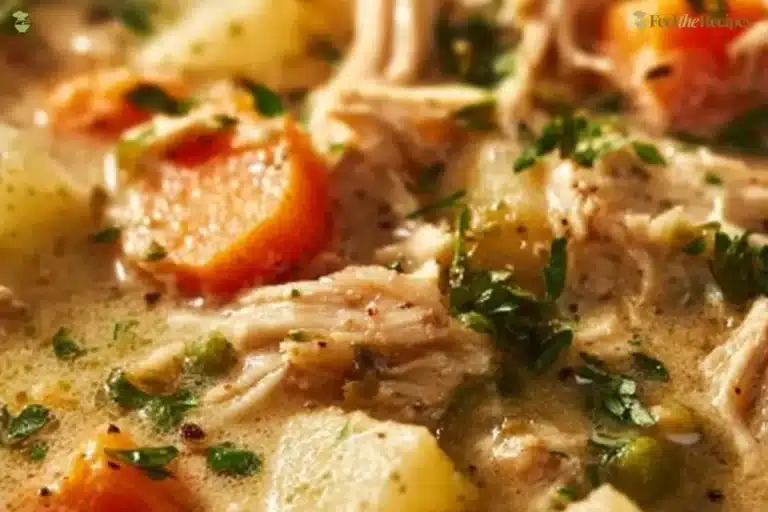 High Protein Chicken Pot Pie Soup in a bowl with vegetables