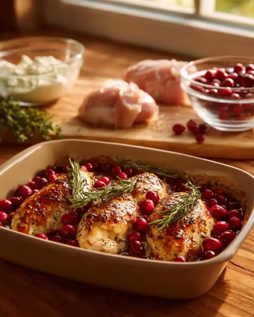Honey cranberry chicken bake with ricotta cheese, fresh herbs, and vibrant colors.