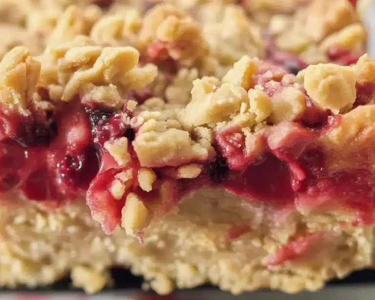 Freshly baked raspberry crumble bars ready to enjoy with a golden brown topping.