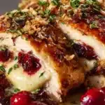 Cranberry Brie Stuffed Chicken topped with cranberry sauce and melted cheese