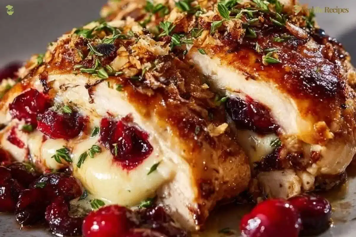 Cranberry Brie Stuffed Chicken topped with cranberry sauce and melted cheese