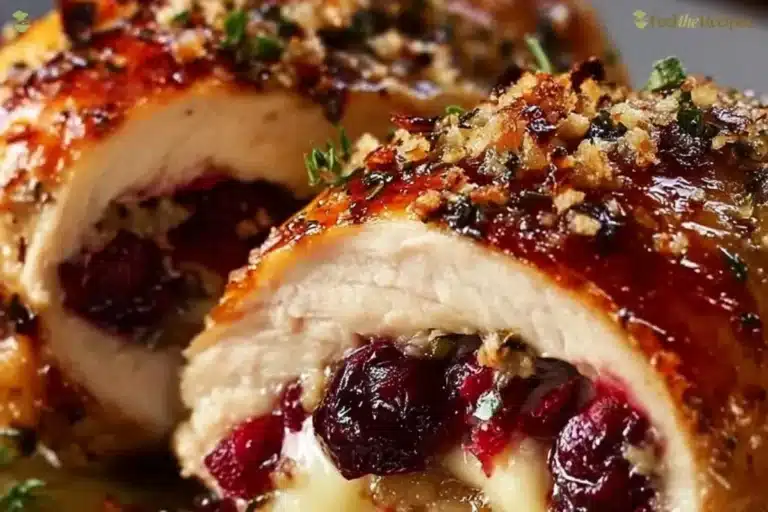 Cranberry Brie Stuffed Chicken served on a plate with garnish