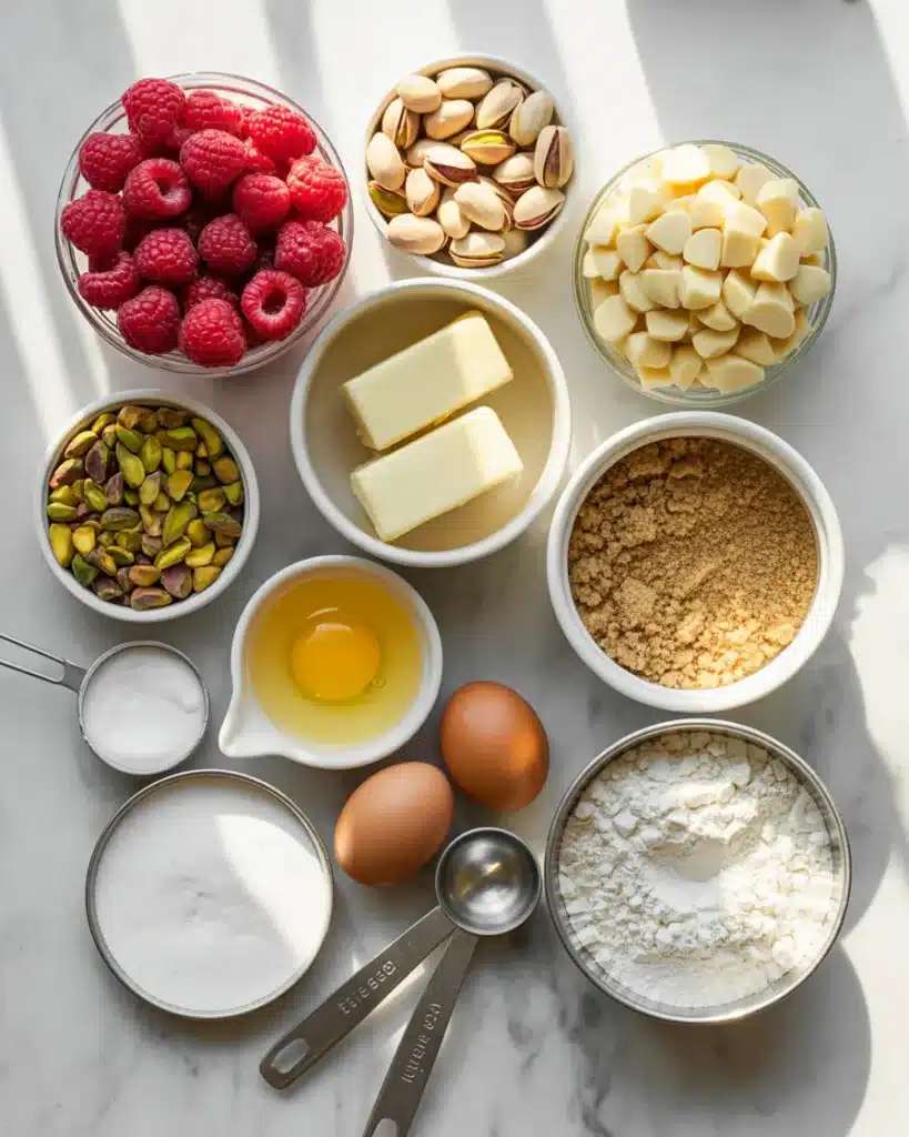 ingredients laid out for raspberry pistachio cookies
