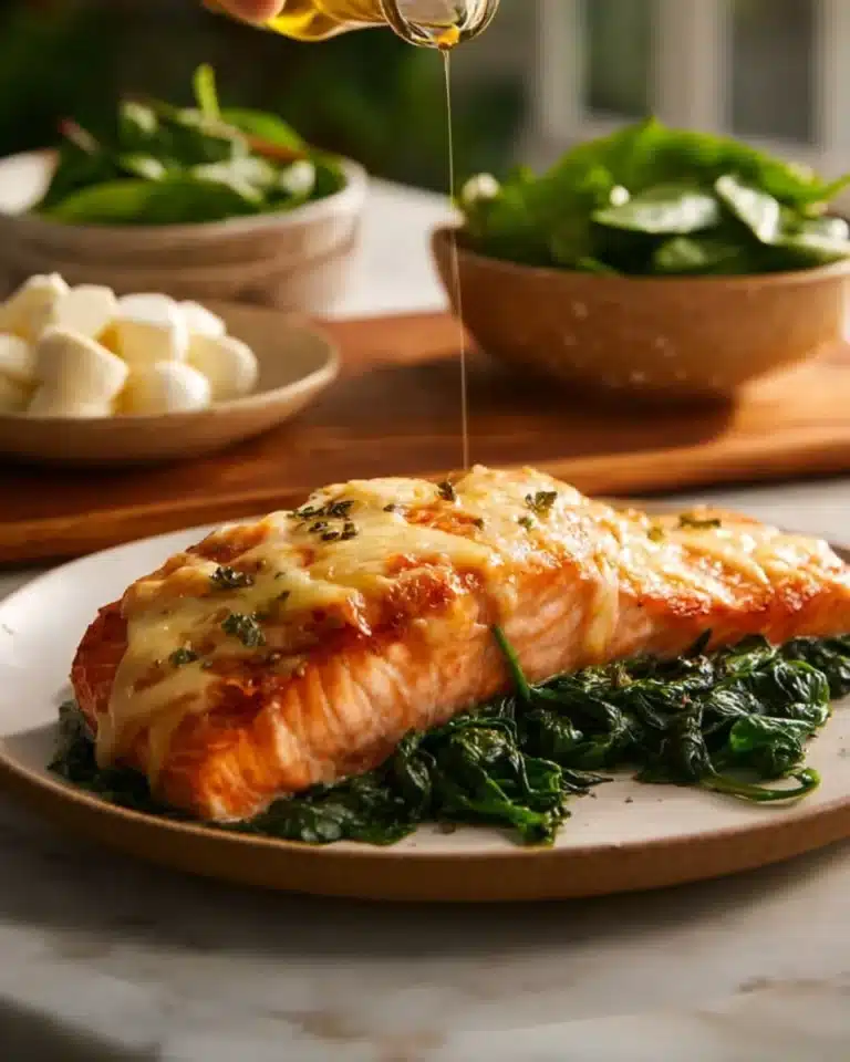 Delicious baked salmon served with spinach and melted mozzarella cheese
