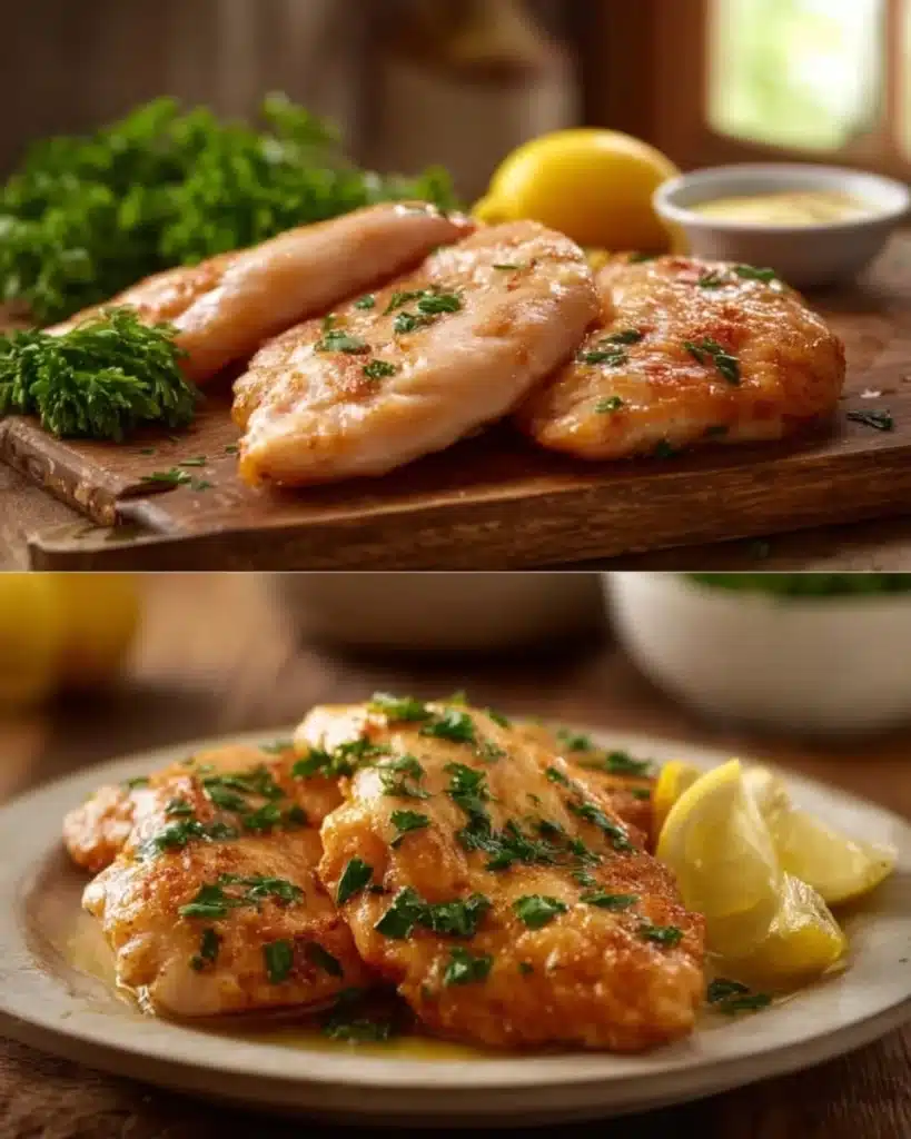 Plate of Lemon Chicken Romano garnished with fresh herbs and lemon slices