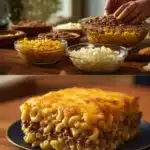 Delicious Mac and Cheese Meatloaf Casserole served in a baking dish
