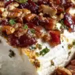 Bacon goat cheese appetizer log garnished with herbs on a platter