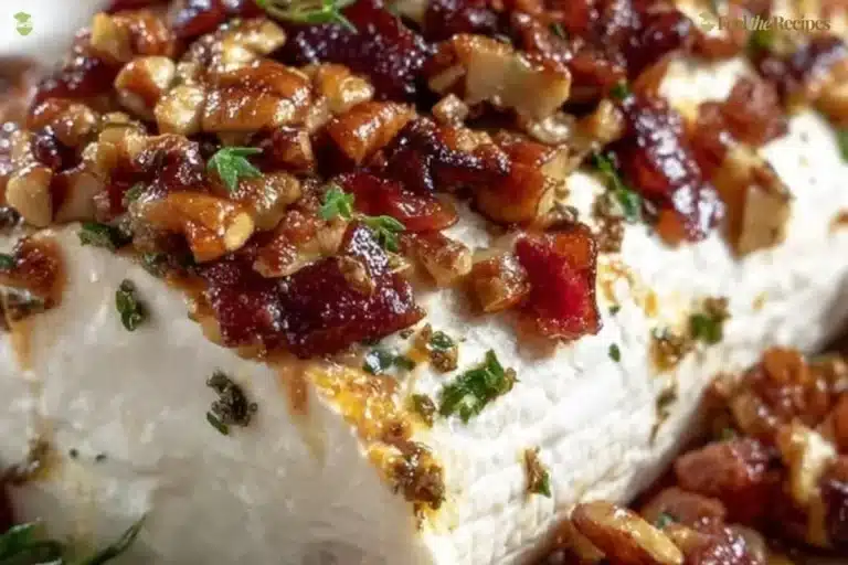 Bacon goat cheese appetizer log garnished with herbs on a platter