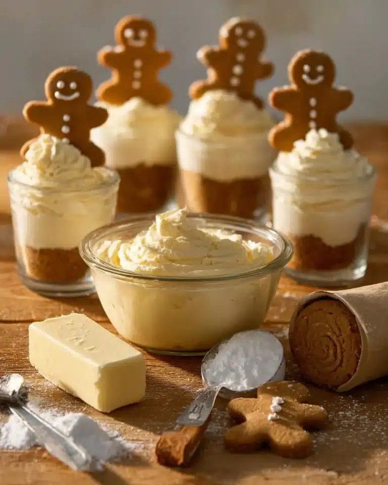 Delicious no-bake gingerbread cheesecake cups topped with whipped cream and gingerbread crumbs.