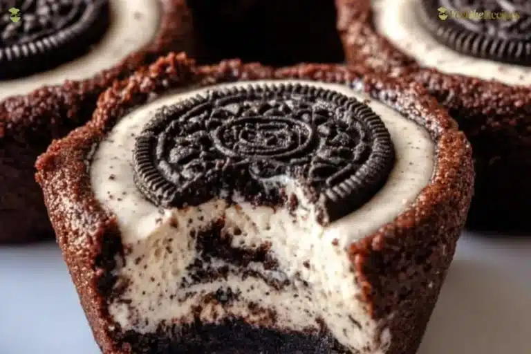 Delicious Oreo Cheesecake Cookie Cups topped with whipped cream and Oreo crumbs.