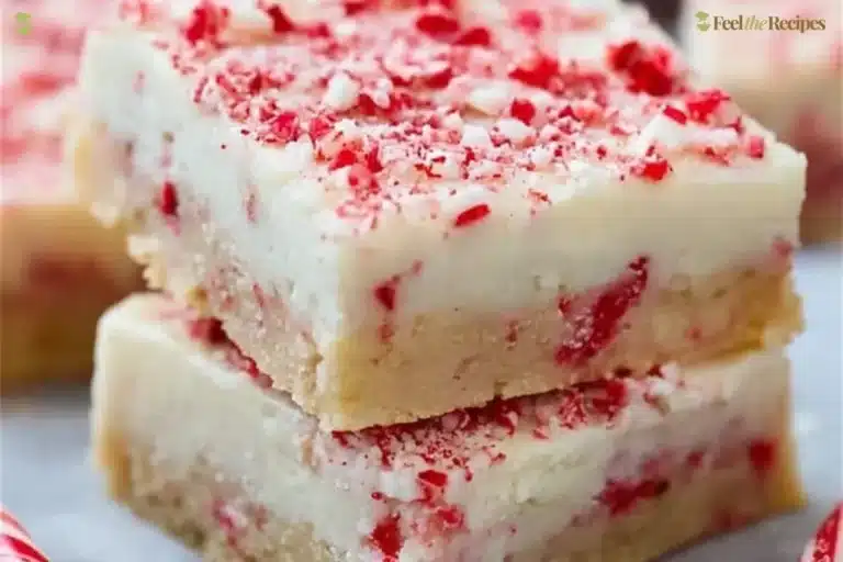 Delicious peppermint sugar cookie bars stacked with festive toppings