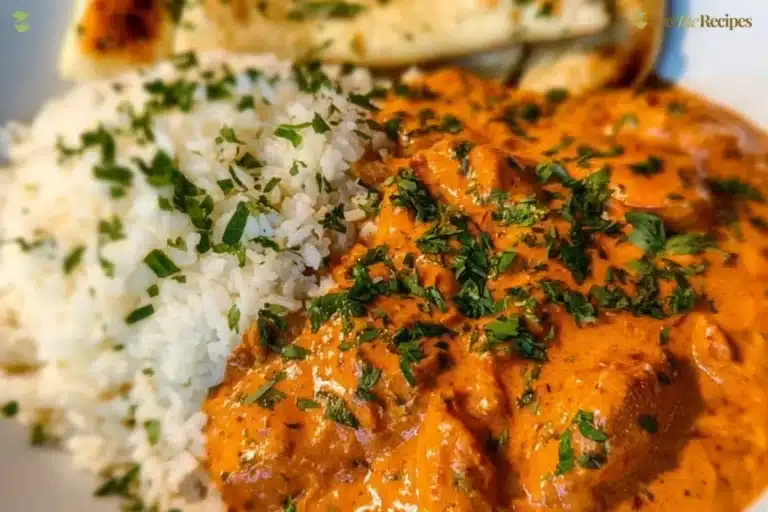 Delicious homemade butter chicken served with rice and naan bread
