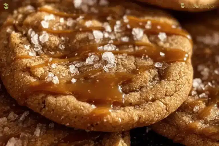 Delicious salted caramel cookie topped with sea salt on a wooden table