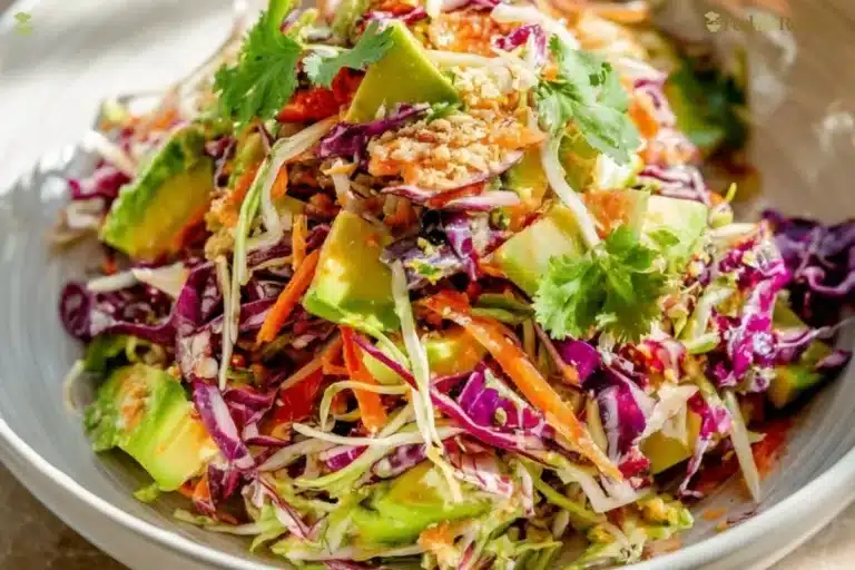 Shredded Thai Salad with Avocado garnished with colorful vegetables