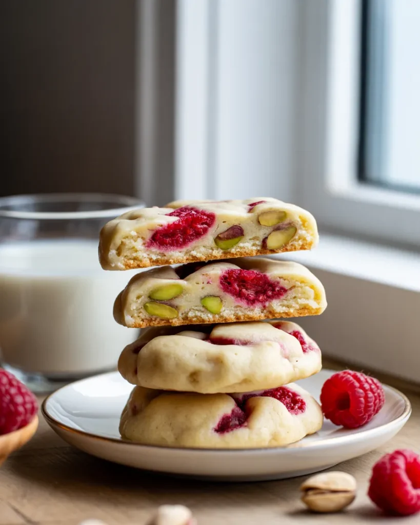 stack of raspberry white chocolate pistachio cookies